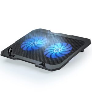 topmate c302 laptop cooling pad ultra slim notebook cooler, laptop fan cooling stand with 2 quiet big fans blue led light, chill mat with built-in usb cable plug and play, for 10-15.6 inch laptops