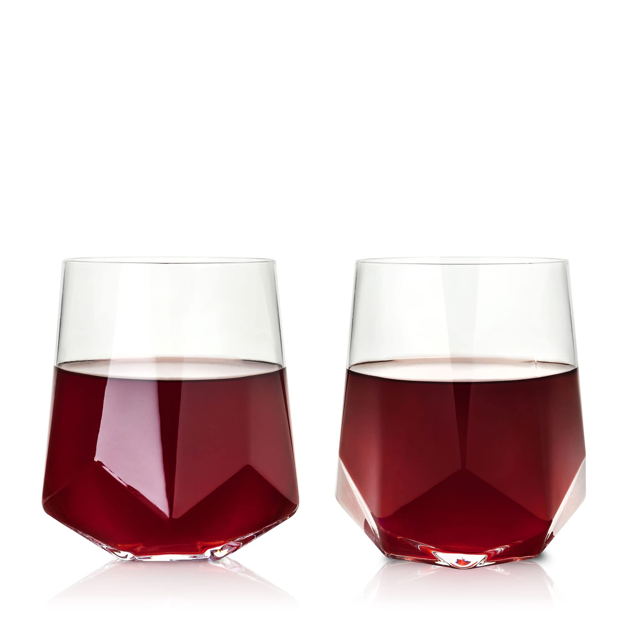 Viski Raye Faceted Crystal Wine Glasses Set of 2, No-Lead Premium Crystal Clear Glass, Modern Stemless, Wine Glass Gift Set, 20 oz