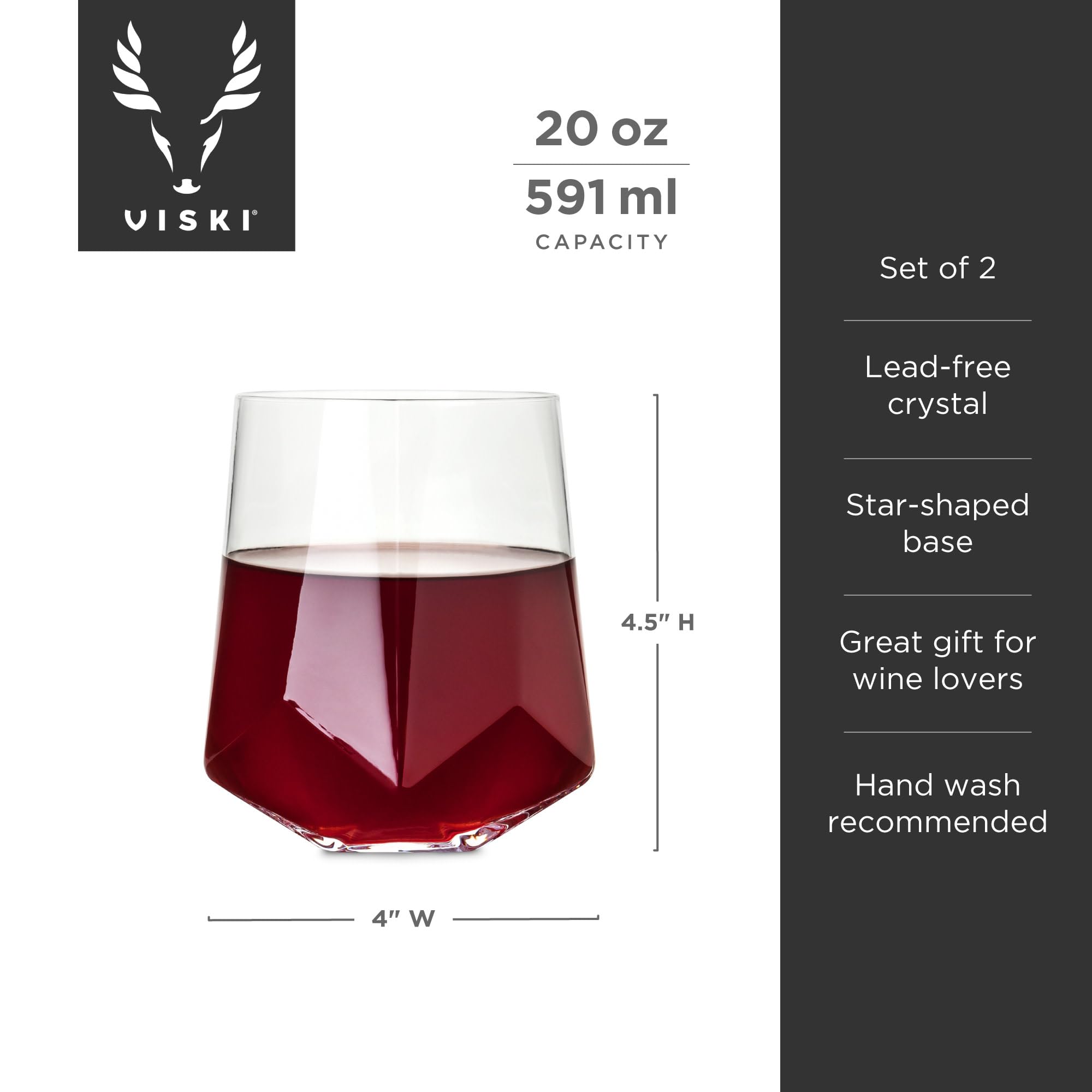 Viski Raye Faceted Crystal Wine Glasses Set of 2, No-Lead Premium Crystal Clear Glass, Modern Stemless, Wine Glass Gift Set, 20 oz