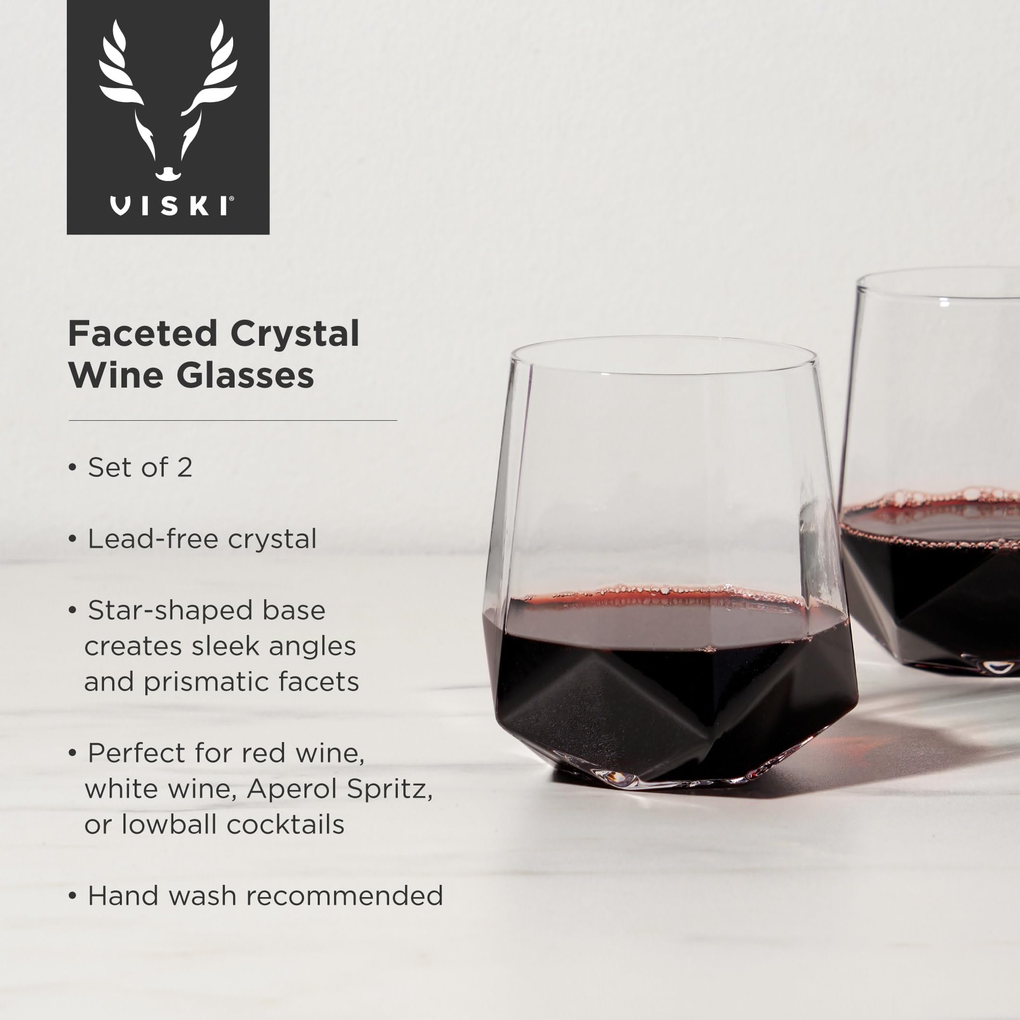 Viski Raye Faceted Crystal Wine Glasses Set of 2, No-Lead Premium Crystal Clear Glass, Modern Stemless, Wine Glass Gift Set, 20 oz