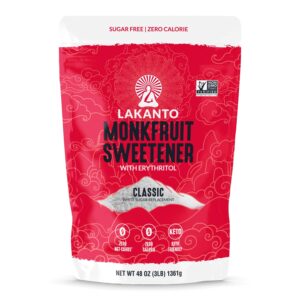 lakanto classic monk fruit sweetener with erythritol - white sugar substitute, baking, coffee, tea, zero calorie, keto diet friendly, zero net carbs, extract, sugar replacement (classic white - 3 lb)