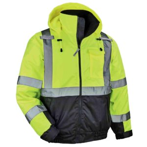 high visibility reflective winter bomber jacket, black bottom, ansi compliant, ergodyne glowear 8377,2xl,lime