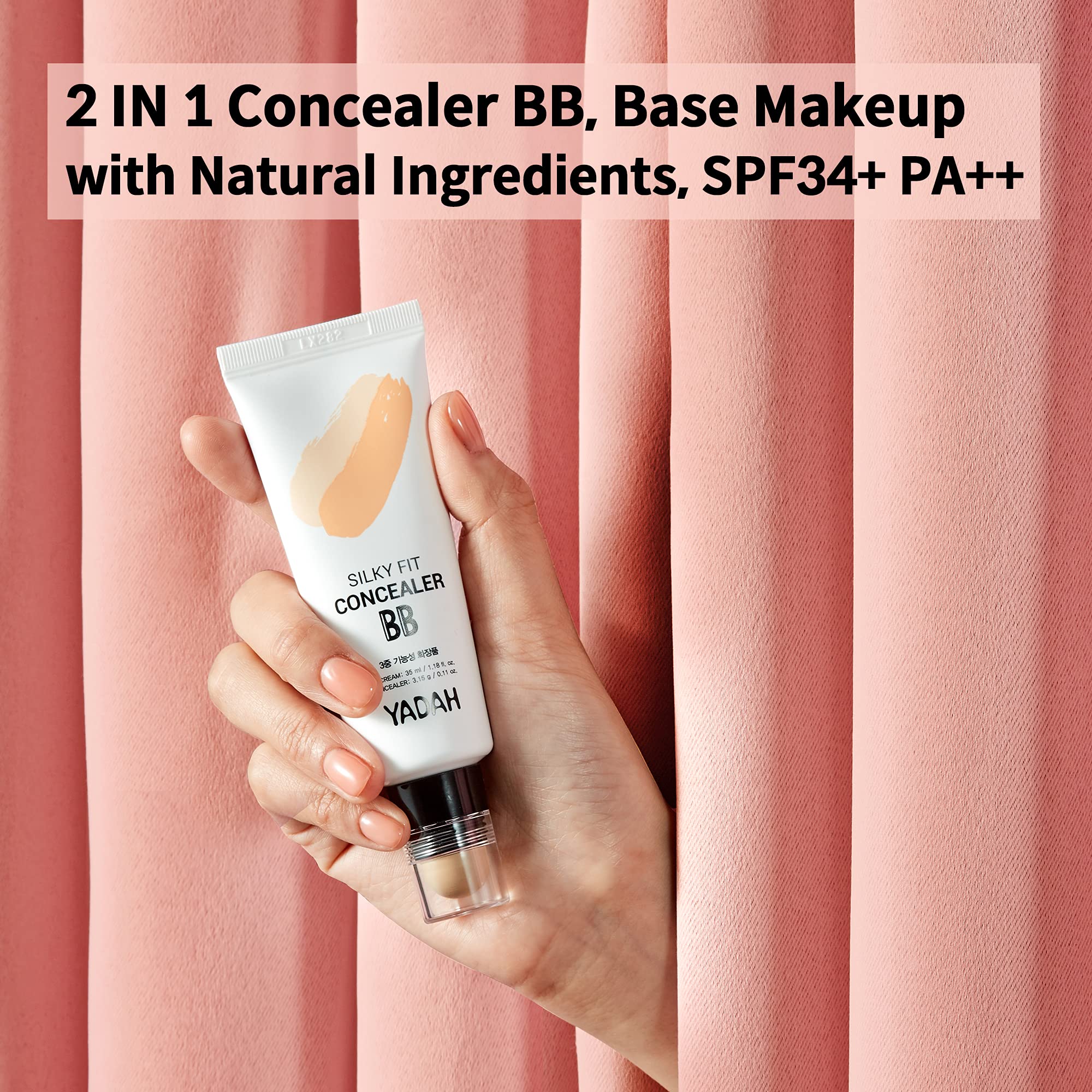 YADAH Silky Fit Concealer BB Power Brightening 1.18 Ounce 21 Light Beige, 2 in 1 Base Makeup Natural Ingredients Foundation Cream