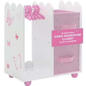 emily rose doll furniture | usa business | 18 inch doll clothes closet accessory - wooden doll accessories toy playsets | 5 free wooden 18" doll hangers and 2 large storage bins - butterfly