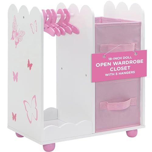 Emily Rose Doll Furniture | USA Business | 18 Inch Doll Clothes Closet Accessory - Wooden Doll Accessories Toy Playsets | 5 Free Wooden 18" Doll Hangers and 2 Large Storage Bins - Butterfly