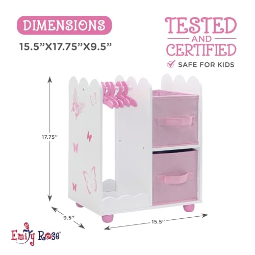 Emily Rose Doll Furniture | USA Business | 18 Inch Doll Clothes Closet Accessory - Wooden Doll Accessories Toy Playsets | 5 Free Wooden 18" Doll Hangers and 2 Large Storage Bins - Butterfly