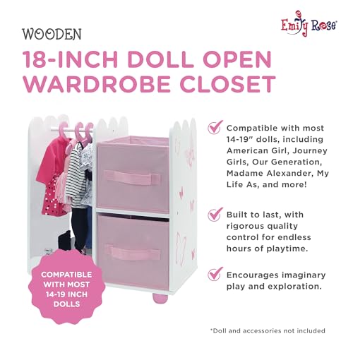 Emily Rose Doll Furniture | USA Business | 18 Inch Doll Clothes Closet Accessory - Wooden Doll Accessories Toy Playsets | 5 Free Wooden 18" Doll Hangers and 2 Large Storage Bins - Butterfly