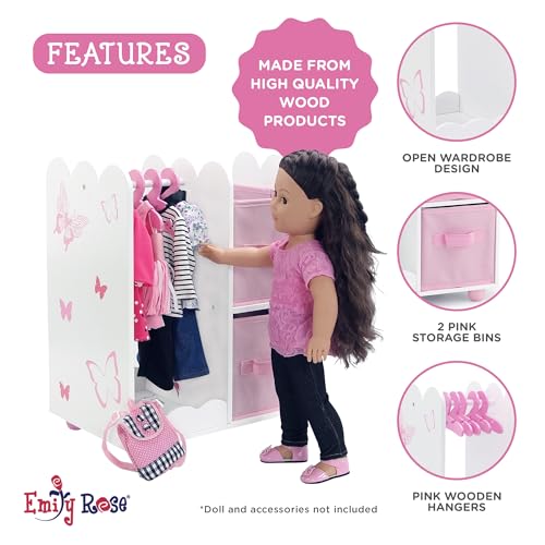 Emily Rose Doll Furniture | USA Business | 18 Inch Doll Clothes Closet Accessory - Wooden Doll Accessories Toy Playsets | 5 Free Wooden 18" Doll Hangers and 2 Large Storage Bins - Butterfly