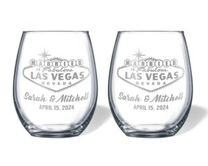 alterd industries married in vegas - las vegas, personalized engraved glasses, wedding gift, enganged couples gift, toasting glasses, beer glasses (stemless wine glasses)