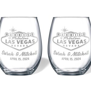 Alterd Industries Married in Vegas - Las Vegas, Personalized Engraved Glasses, Wedding Gift, Enganged Couples Gift, Toasting Glasses, Beer Glasses (Stemless Wine Glasses)