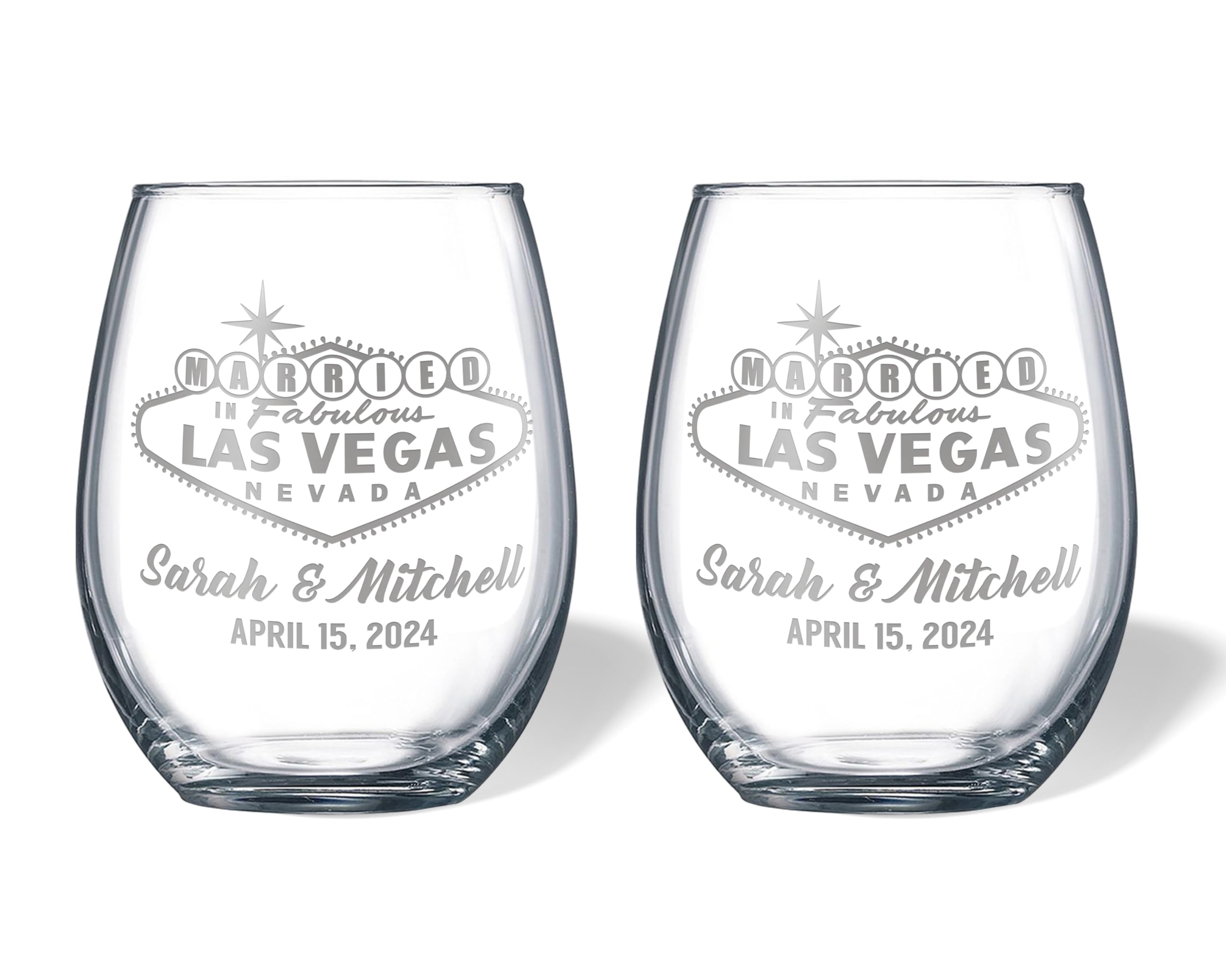 Alterd Industries Married in Vegas - Las Vegas, Personalized Engraved Glasses, Wedding Gift, Enganged Couples Gift, Toasting Glasses, Beer Glasses (Stemless Wine Glasses)