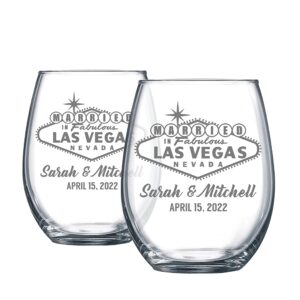 Alterd Industries Married in Vegas - Las Vegas, Personalized Engraved Glasses, Wedding Gift, Enganged Couples Gift, Toasting Glasses, Beer Glasses (Stemless Wine Glasses)