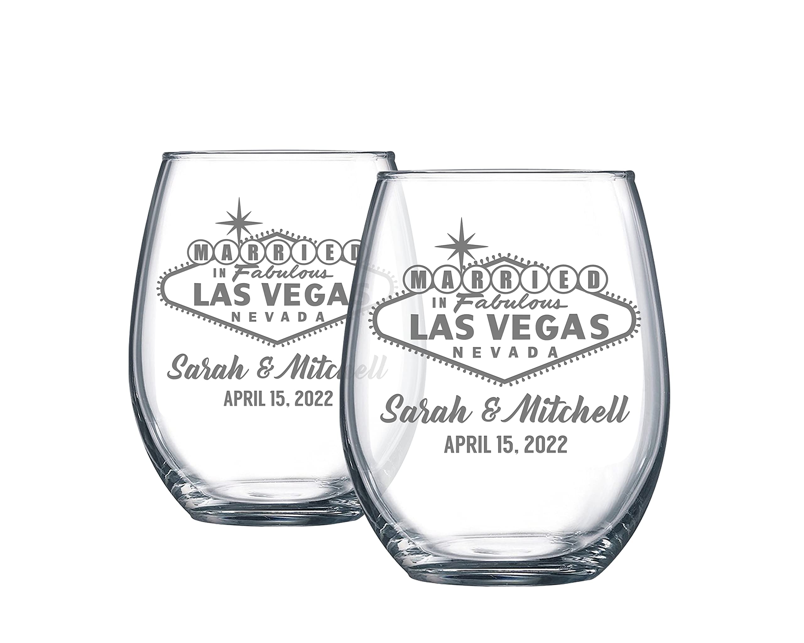 Alterd Industries Married in Vegas - Las Vegas, Personalized Engraved Glasses, Wedding Gift, Enganged Couples Gift, Toasting Glasses, Beer Glasses (Stemless Wine Glasses)