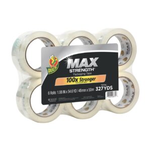 duck max strength clear packaging tape, 6 rolls, 327.6 yards, maximum strength heavy duty packing tape for shipping & moving, strong packing tape refills for boxes, 1.88 in. x 54.6 yd. (241513)