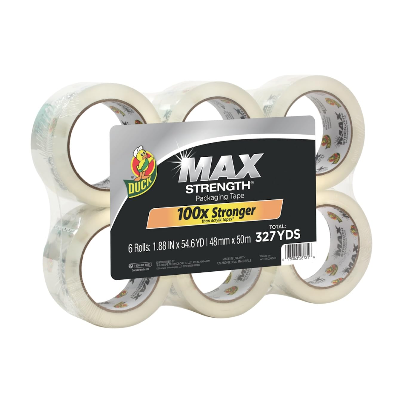 Duck Max Strength Clear Packaging Tape, 6 Rolls, 327.6 Yards, Maximum Strength Heavy Duty Packing Tape for Shipping & Moving, Strong Packing Tape Refills for Boxes, 1.88 In. x 54.6 Yd. (241513)