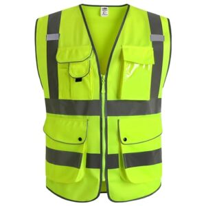 jksafety 9 pockets class 2 high visibility zipper front safety vest with reflective strips,meets ansi/isea standard (large, 150-yellow)