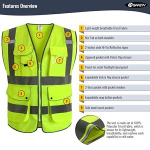 JKSafety 9 Pockets Class 2 High Visibility Zipper Front Safety Vest With Reflective Strips,Meets ANSI/ISEA Standard (Large, 150-Yellow)