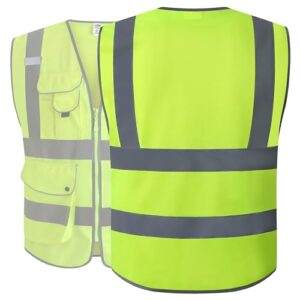 JKSafety 9 Pockets Class 2 High Visibility Zipper Front Safety Vest With Reflective Strips,Meets ANSI/ISEA Standard (Large, 150-Yellow)