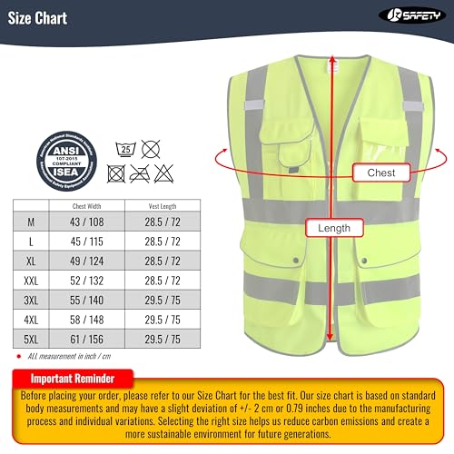 JKSafety 9 Pockets Class 2 High Visibility Zipper Front Safety Vest With Reflective Strips,Meets ANSI/ISEA Standard (Large, 150-Yellow)