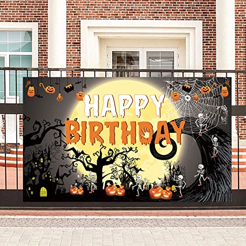 Famoby Happy Birthday Halloween Theme Fabric Sign Poster Banner Backdrop Halloween Pumpkin,Ghouls, bat,spide for Brithday Photo Booth Background Party Decoration