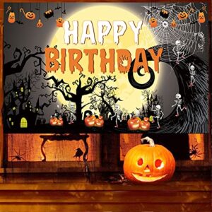 Famoby Happy Birthday Halloween Theme Fabric Sign Poster Banner Backdrop Halloween Pumpkin,Ghouls, bat,spide for Brithday Photo Booth Background Party Decoration