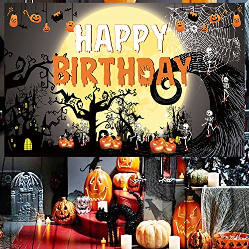 Famoby Happy Birthday Halloween Theme Fabric Sign Poster Banner Backdrop Halloween Pumpkin,Ghouls, bat,spide for Brithday Photo Booth Background Party Decoration