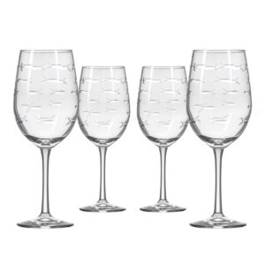 rolf glass school of fish white wine glass 12 ounce - stemmed wine glass set of 4 – lead-free glass - diamond wheel etched wine glasses - designed and engraved in the usa