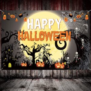 famoby happy halloween theme fabric sign poster banner backdrop with pumpkin,ghouls, bat,spide,moon for halloween photo booth background party decoration