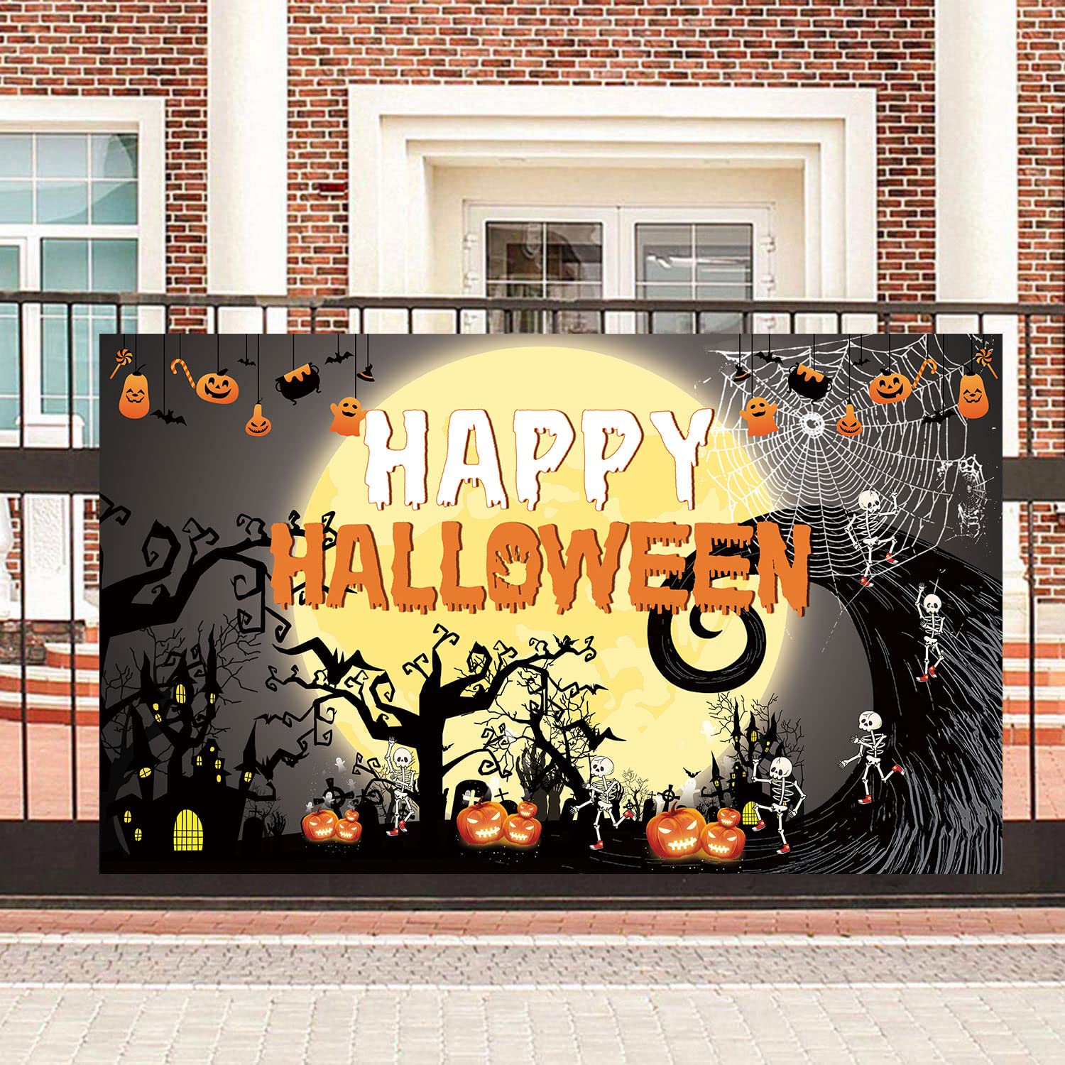 Famoby Happy Halloween Theme Fabric Sign Poster Banner Backdrop with Pumpkin,Ghouls, bat,spide,Moon for Halloween Photo Booth Background Party Decoration