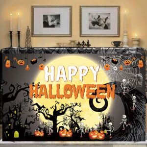 Famoby Happy Halloween Theme Fabric Sign Poster Banner Backdrop with Pumpkin,Ghouls, bat,spide,Moon for Halloween Photo Booth Background Party Decoration