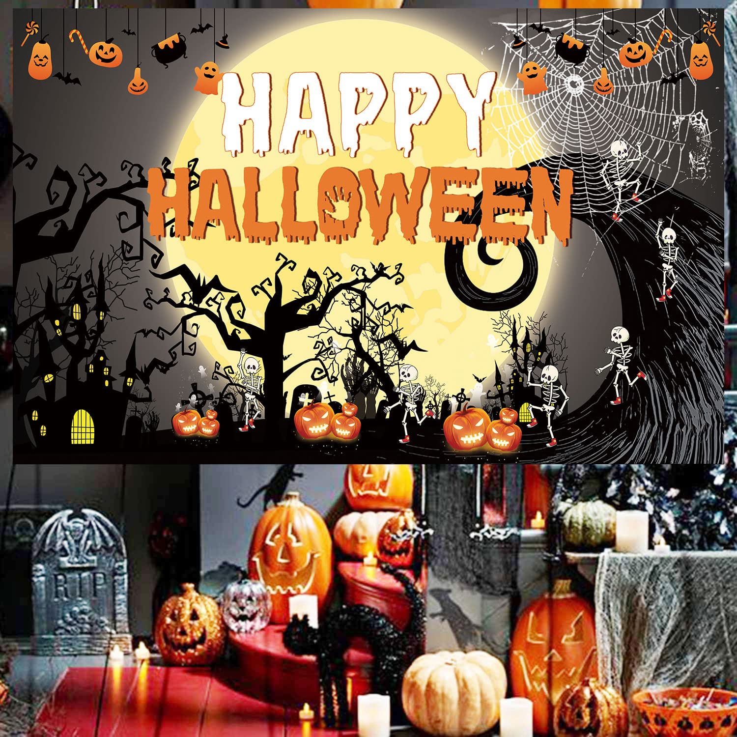 Famoby Happy Halloween Theme Fabric Sign Poster Banner Backdrop with Pumpkin,Ghouls, bat,spide,Moon for Halloween Photo Booth Background Party Decoration