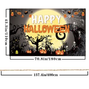 Famoby Happy Halloween Theme Fabric Sign Poster Banner Backdrop with Pumpkin,Ghouls, bat,spide,Moon for Halloween Photo Booth Background Party Decoration