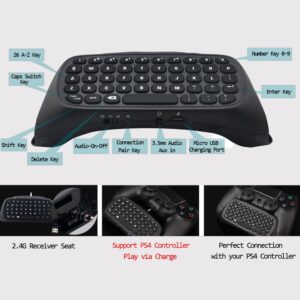 Wireless Gaming Keyboard for PS4, 2.4G Wireless Chatpad, Rechargeable Online Gaming Live Chat Message KeyPad with Built in Speaker & 3.5mm Audio Aux-in for Playstation 4/PS4 Slim/PS4 Pro Controller