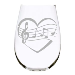 c m heart, music stemless wine glass