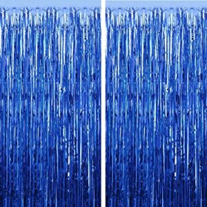 fecedy 2pcs 3ft x 8.3ft navy blue metallic tinsel foil fringe curtains photo booth props for birthday wedding engagement bridal shower baby shower bachelorette holiday celebration party decorations