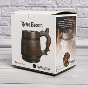 MyFancyCraft Gifts for Men Wood Beer Mug with Box Stainless Steel Cup Men Souvenir Handmade Retro Brown