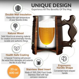 MyFancyCraft Gifts for Men Wood Beer Mug with Box Stainless Steel Cup Men Souvenir Handmade Retro Brown