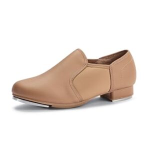 Balera Girls Tap Shoes Slip On Shoe with Leather and Stretch Inset Rubber Sole with Taps Caramel