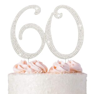 60 cake topper - premium silver metal - 60th birthday or anniversary party sparkly rhinestone decoration makes a great centerpiece - now protected in a box