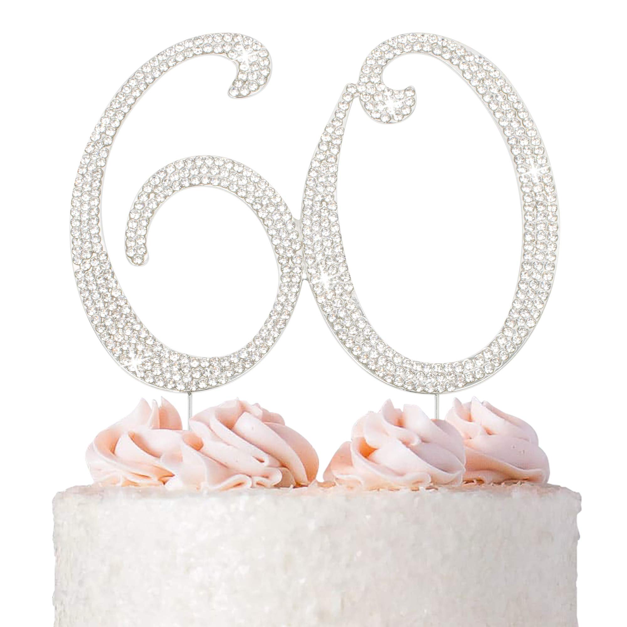 60 Cake Topper - Premium Silver Metal - 60th Birthday or Anniversary Party Sparkly Rhinestone Decoration Makes a Great Centerpiece - Now Protected in a Box