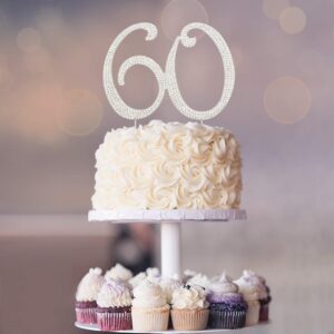 60 Cake Topper - Premium Silver Metal - 60th Birthday or Anniversary Party Sparkly Rhinestone Decoration Makes a Great Centerpiece - Now Protected in a Box