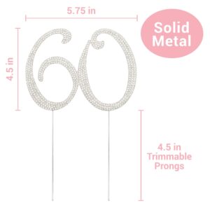 60 Cake Topper - Premium Silver Metal - 60th Birthday or Anniversary Party Sparkly Rhinestone Decoration Makes a Great Centerpiece - Now Protected in a Box