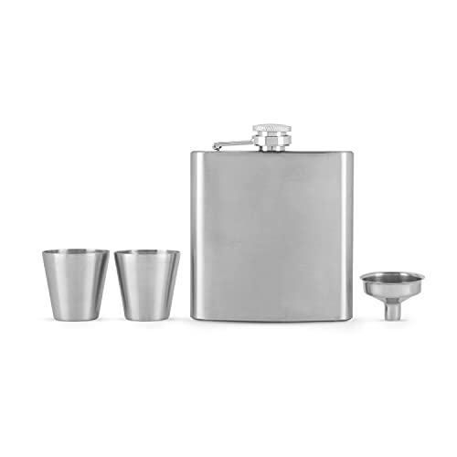 True Fiasco Silver Flask and Shot Glass Set - Stainless Steel Flask with Screw Top for Alcohol - 2 Shot Glasses and 8oz Liquor Flask for Men or Flask for Women - Set of 3