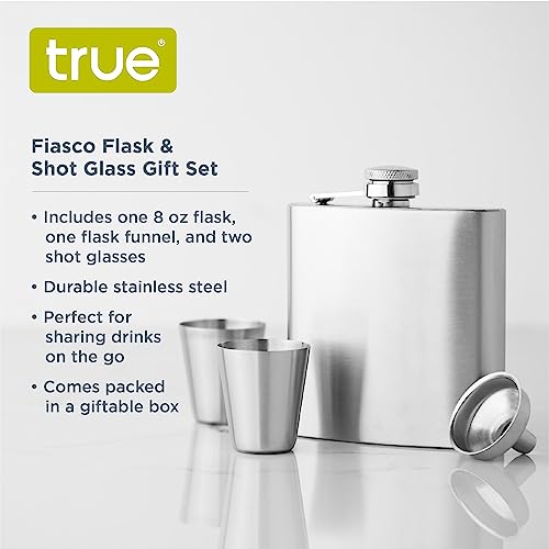 True Fiasco Silver Flask and Shot Glass Set - Stainless Steel Flask with Screw Top for Alcohol - 2 Shot Glasses and 8oz Liquor Flask for Men or Flask for Women - Set of 3