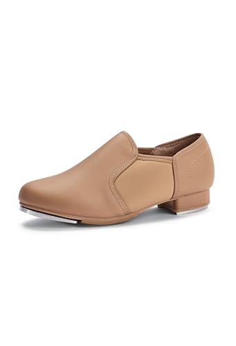 Balera Womens Tap Shoes Slip On Shoe with Leather and Stretch Inset Rubber Sole with Taps Caramel