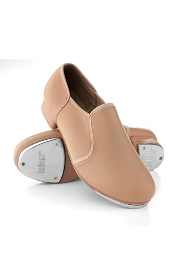 Balera Womens Tap Shoes Slip On Shoe with Leather and Stretch Inset Rubber Sole with Taps Caramel