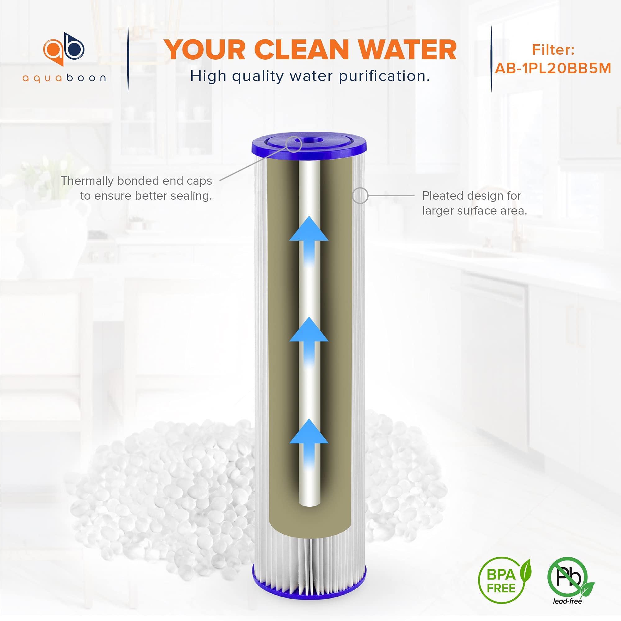 Aquaboon Whole House Sediment Water Filter - 4.5 x 20 Water Filter - 5 Micron Pleated Whole House Water Filter Cartridge Compatible w/AquaPure AP810 2, Pentek ECP5-BB, Hydronix SPC-45-1005 (4 Pack)