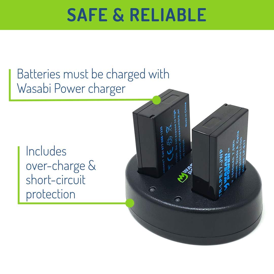 Wasabi Power LP-E17 Battery (2-Pack) and Dual USB Charger for Canon LP-E17 and Canon EOS R10, EOS RP, EOS M6 Mark II, M6, M5, M3, EOS Rebel T8i, T7i, T6i, T6s, EOS Rebel SL3, SL2, EOS 77D