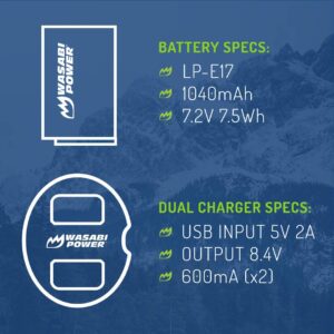 Wasabi Power LP-E17 Battery (2-Pack) and Dual USB Charger for Canon LP-E17 and Canon EOS R10, EOS RP, EOS M6 Mark II, M6, M5, M3, EOS Rebel T8i, T7i, T6i, T6s, EOS Rebel SL3, SL2, EOS 77D