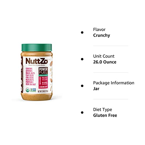 Organic Power Fuel Crunchy Nut Butter by NuttZo | 7 Nuts & Seeds Blend, Paleo, Non-GMO, Gluten-Free, Vegan, Kosher | 1g Sugar, 6g Protein | 26oz Jar